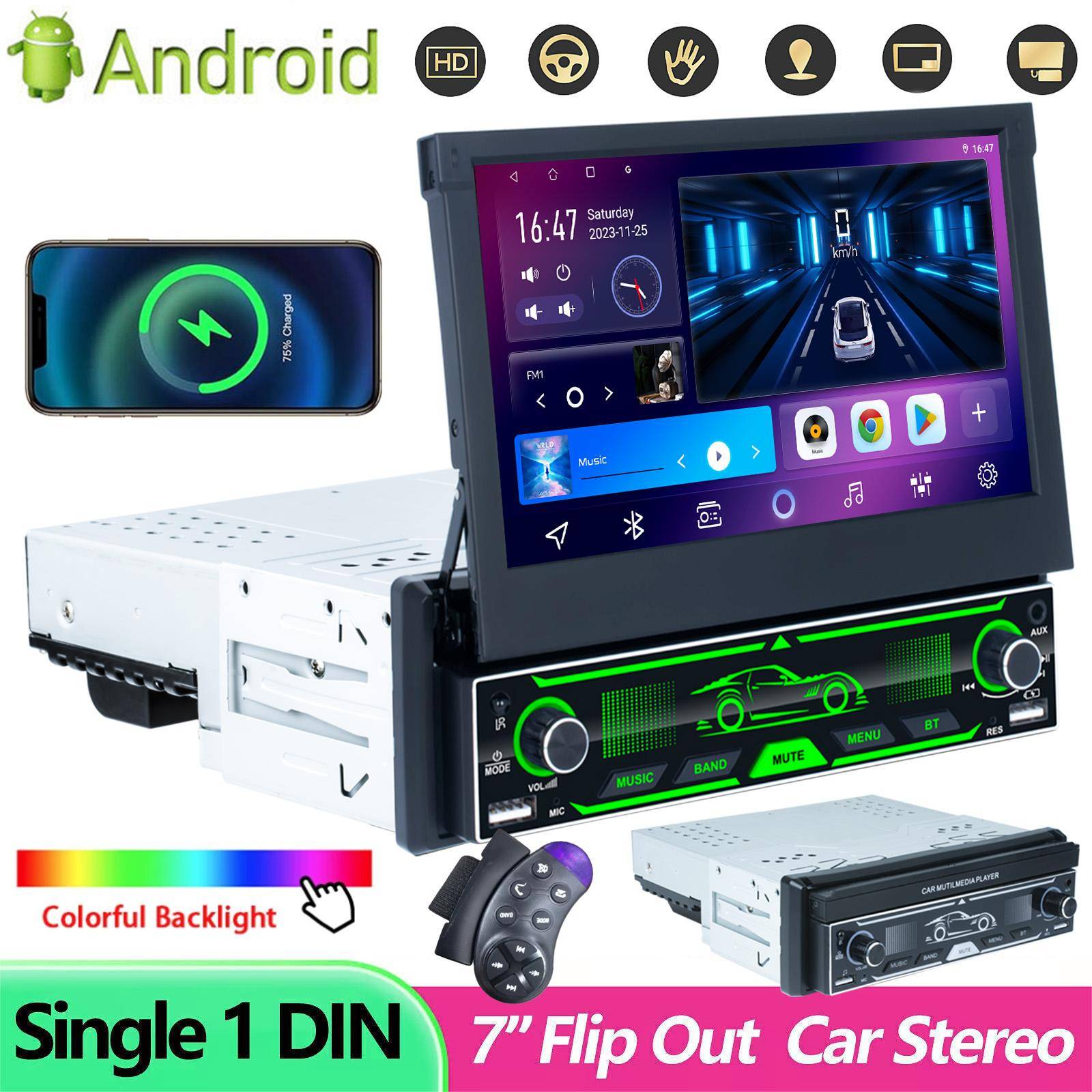 X-REAKO 1 Din Bilradio Carplay Android-Auto 7  HD Infällbar Skärm Multimedia Videospelare Ljud MP5 AM/FM Stereo INGEN DVD