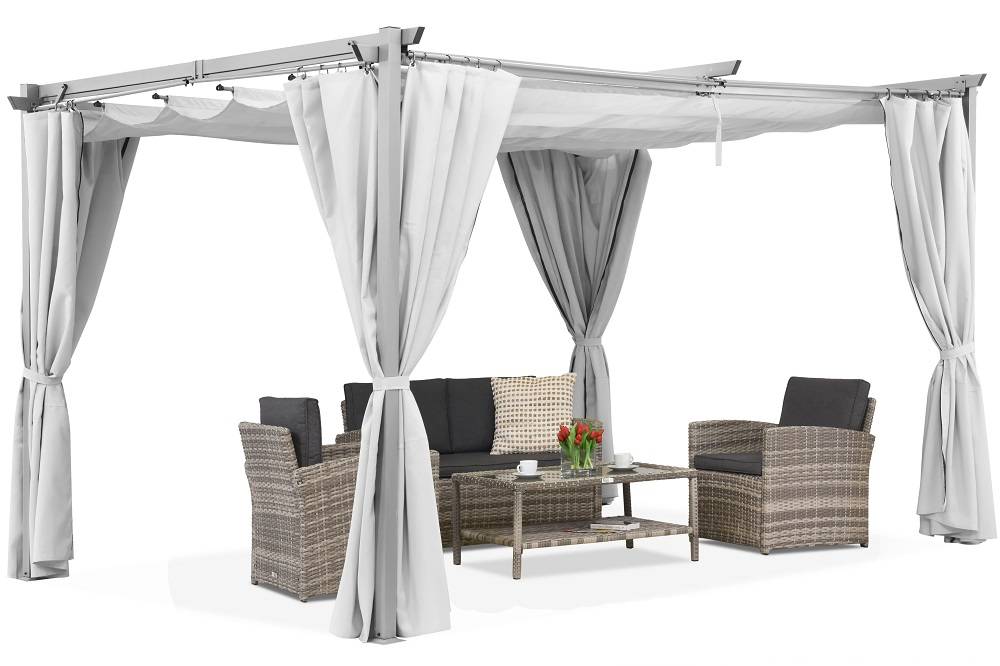 Vit La Palma 3x4m pergola för uteplats med Garden Point gardiner