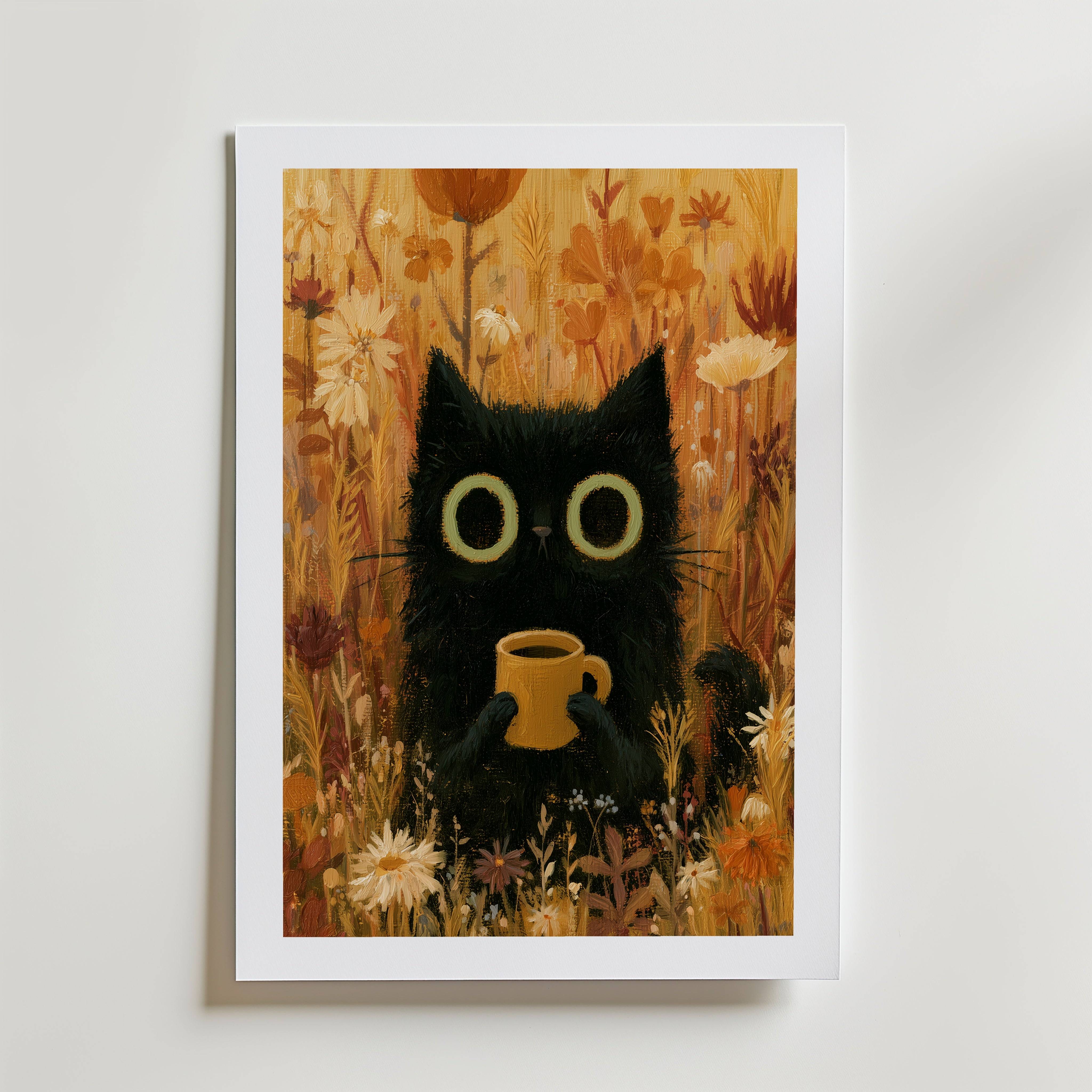 Cat in Orange Meadow Poster - Premium Canvas 70x100 cm Med passepartout