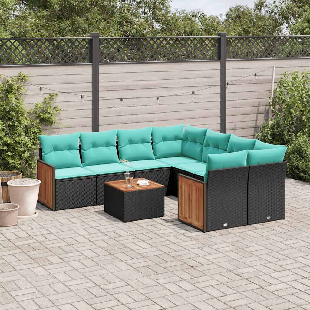 vidaXL havesofasæt med 9 dele og hynder sort polyrattan