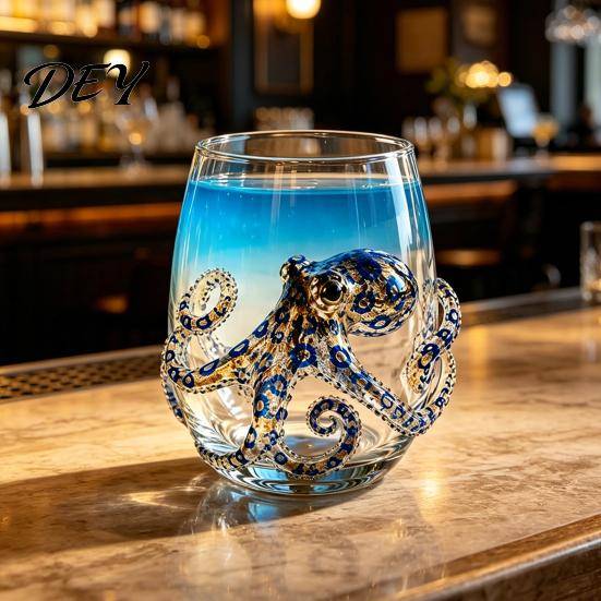 Dekorativt Barware med Havstema 12oz Bläckfisk Vattenkopp, Präglad Design, Handmålat Marin Stil Elegant Gulddekorerad Glas Dricksglas för Älskare