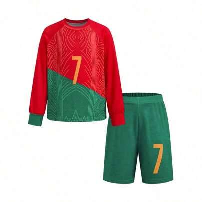 Sommaroutfit för ung pojke - Långärmad skjorta och shorts, coolt grafiskt fotbollstryck, mjuka bekväma sportkläder med bokstavstryck, perfekt för utom - Multifärgad (6Y,7Y,8Y,4Y,5Y)