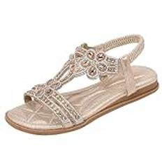 Romerska sandaler damer platta – sommarsandaler damer glitter strandsandaler strass eleganta barfota sandaler bekväma sandaler med mjuk fotbädd kvällsskor snygga sandaletter/sommarskor, Guld, 37 EU