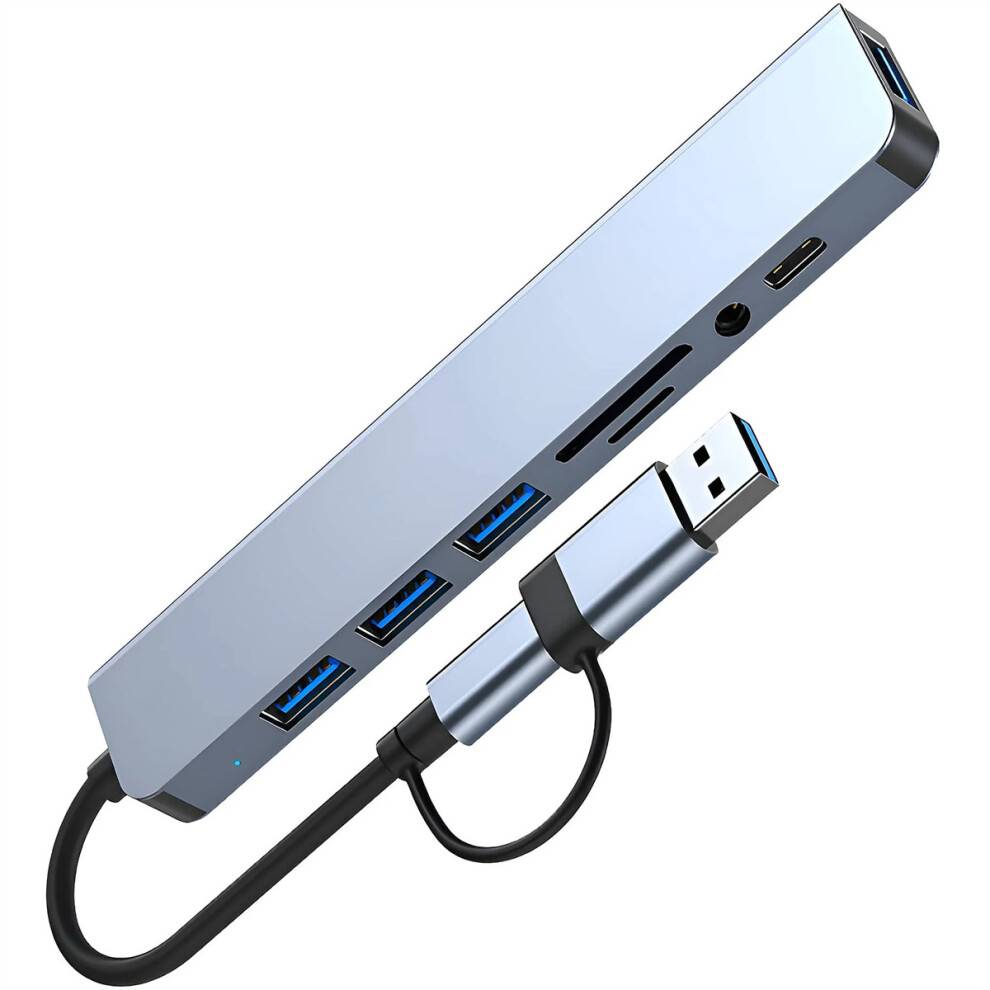 USB Hub3.0 med USB C Hub, 8-i-1 multifunktionel hub USB-forlænger med SD TF-kortlæser 3,5 mm hovedtelefon-aux-stik aluminiumsskal til MacBook Pro