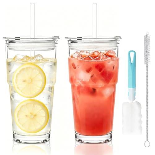 VIQIHEOE Set med 2 glasdryckesbehållare med lock och sugrör, klassiska glas, long drink-glas, 600 ml, glaskrus med tvättborste, för kaffe, smoothie, matcha, vatten