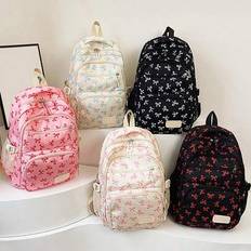 3 Pieces Beige Nylon Bow Print Multi-Pocket Foldable Waterproof Zipper Backpack For Teens, High School/College Students, Daily, School, Training, Comm - Multicolor