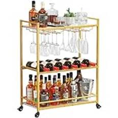 Lifewit Barvagn, 3 hyllplan med låsbara hjul, vinställ och glashållare, serveringsvagn för drinkar och alkohol, hemmabar för kök, matsal vardagsrum, vinvagn 63,2 x 30 x 81,5 cm, Guld