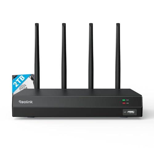 Reolink 4K 12CH WLAN NVR mit Wi-Fi 6, Integrierte 2TB HDD, 2,4/5GHz WiFi, Für Reolink WLAN-&Akku-Kameras(außer 4G Kameras), Keine PoE-Ports, Überwachungssystem, 24/7 Aufzeichnung, RLN12W(Schwarz)