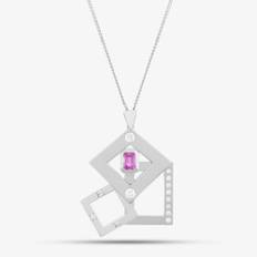 Pre-Owned 9ct White Gold Pink Sapphire &amp; Diamond Pendant &amp; 18 Inch Curb Chain 41141086
