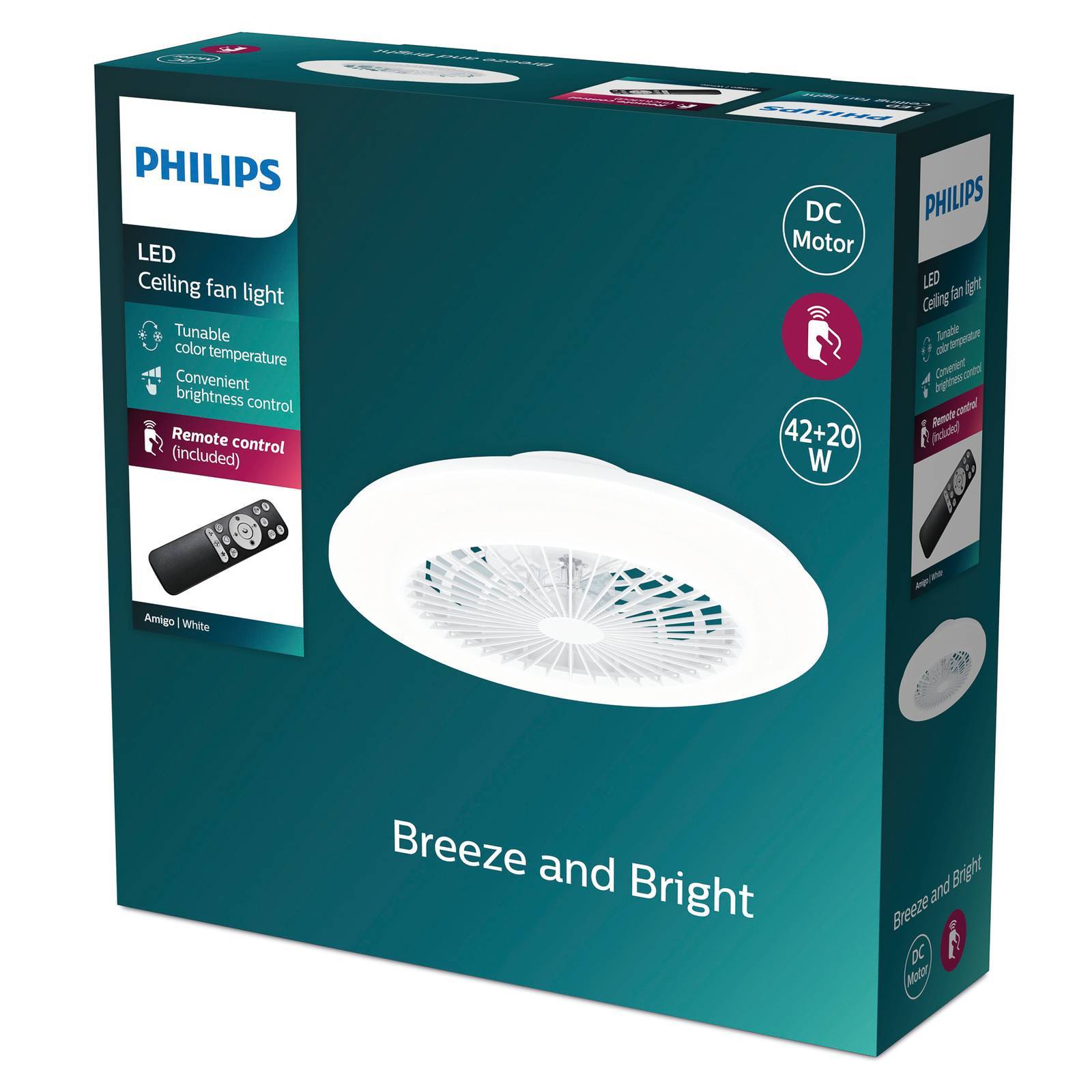 Philips LED-takfläkt Amigo, glansvit, 49 cm, CCT dimbar, Vitt / opal, Vardagsrum / matsal, Syntetmaterial, Modern