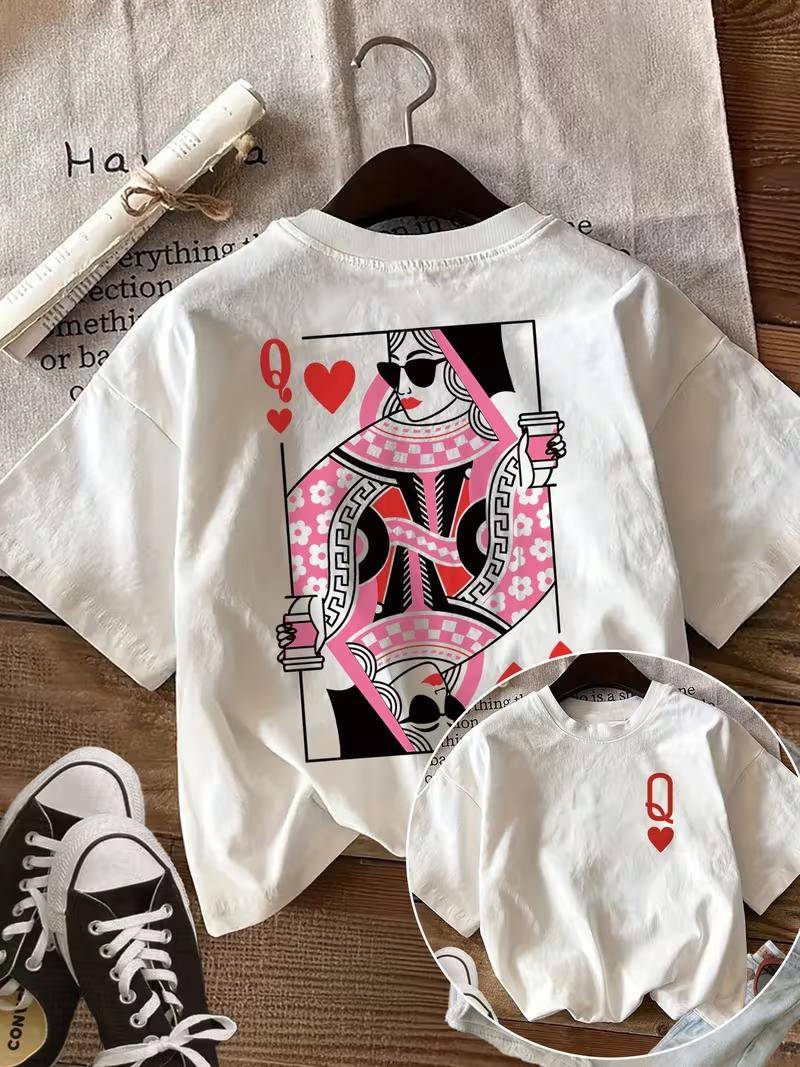 Queen of Hearts Retro Playing Card Graphic TShirt Casual Crew Neck Short Sleeve Y2K Aesthetic Coffee Print Casual Daily Top cm gray