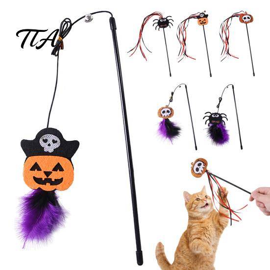 Halloween Kattpinnleksak Leksak, Interaktiv med Fjädrar Och Klocka, Lindra Tristess Ångest för Husdjur Spindel Skalle Pumpa Mönster, Band Inomhus