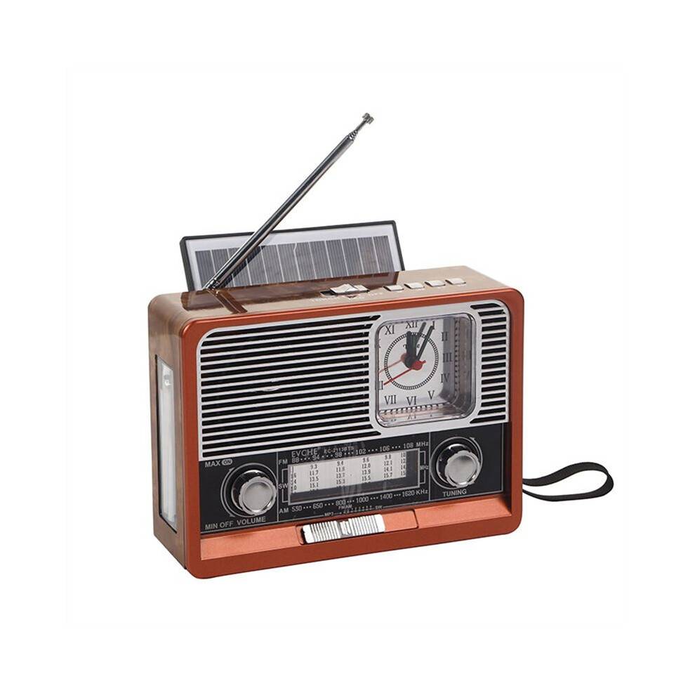 Vintage Radio Solar Retro Radio USB Uppladdningsbar, MP3-Spelare, Ficklampshögtalare, Stödklockradio, USB/TF-Kort