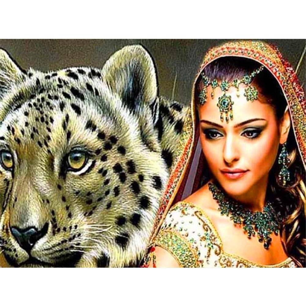 5d Diamantmålning Kvinna Djur Diamantbroderiförsäljning Leopardbilder av Rhinestones Mosaikhantverk Full Square 20X30CM