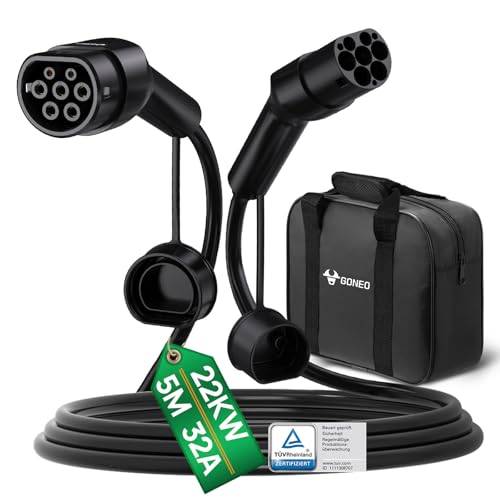 GONEO Typ 2 Ladekabel 22kW 5M 32A Ladekabel Elektroauto Typ 2 3 Phasig für E Auto EV/PHEV Modus 3 mit Tasche Geeignet für Model S/3/X/Y e-Golf ID.3 i3/i8