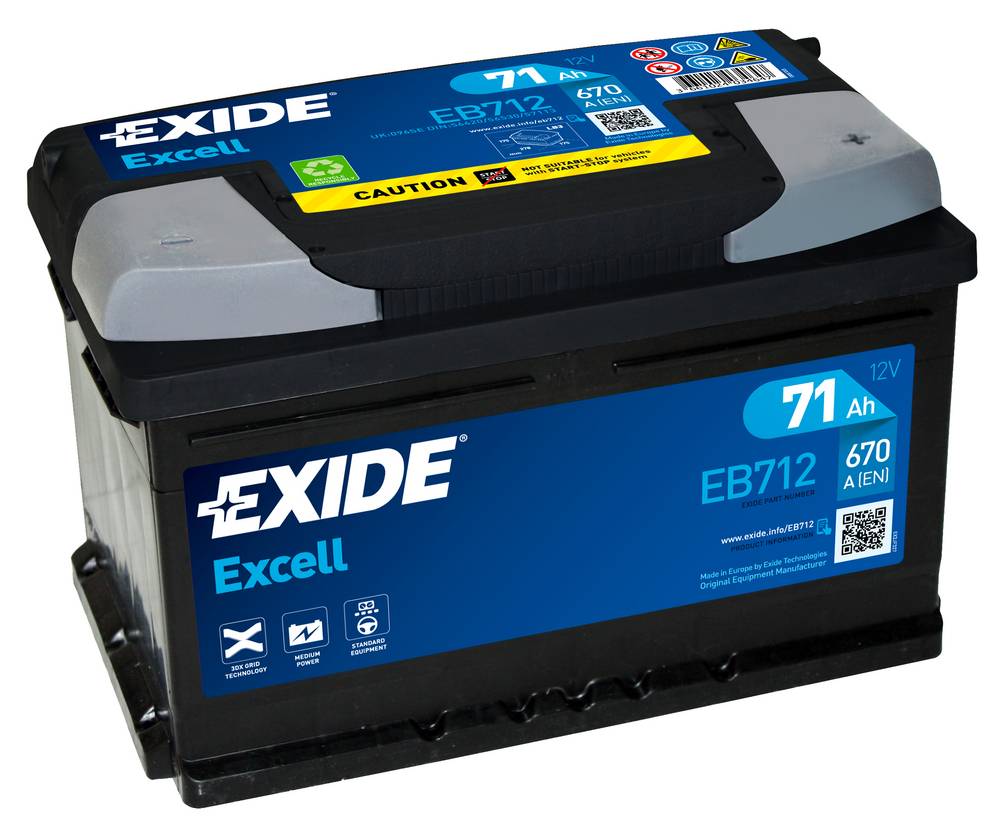 Exide Excell EB712 71 Ah Ford - Vw - Opel - Renault - Volvo - Audi - Bmw - Seat