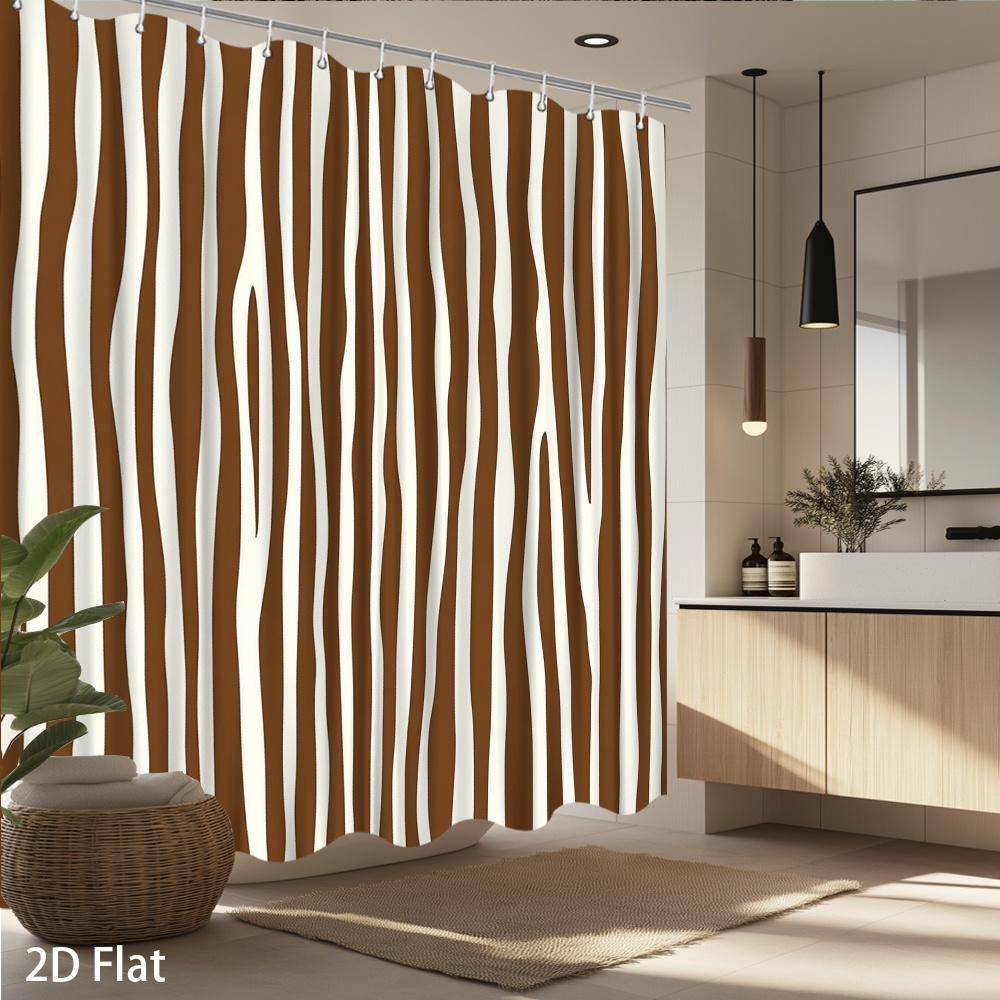 Brun & Vit Zebrarandig Duschdraperi – 2D Platt Tryck, Vattentålig Polyester, 70×70 , 12 Krokar, Passar Standard Badkar