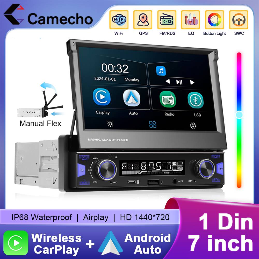 Camecho 7inch Retractable Screen 1 Din Car Stereo Radio Wireless Carplay Android Auto MP5 Multimedia Player Bluetooth Mirrorlink