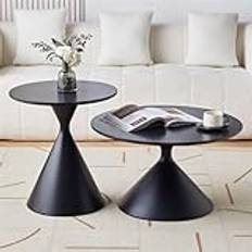 Round Coffee Table Nesting End Table Set of 2, Modern Side Table Wood Tabletop with Cone Carbon Steel Base, Circle Accent Tables,Black