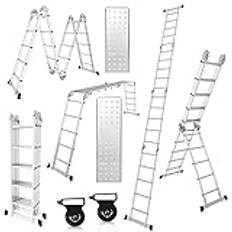 Herrselsam multifunktionsstege 4 x 5, 7-i-1 multifunktionsstege 582 cm aluminium multifunktionell stege fällbar stege med 2 plattform och hjul, hushållsstege maximal belastning 150 kg,