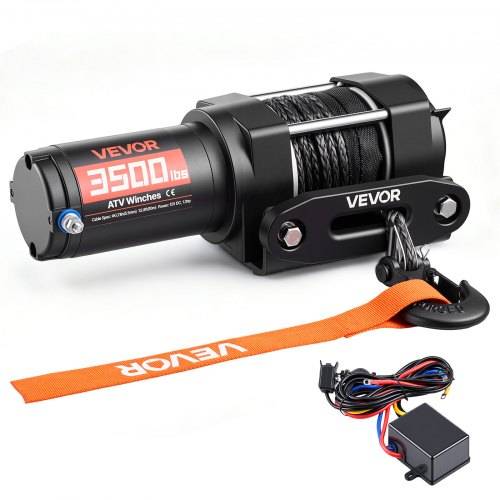 VEVOR 1587 kg elektrisk spil, 12V DC ATV/UTV-spil med Φ5,5 mm x 10 m syntetisk reb og kablet fjernbetjening, IP55 vandtæt, aluminiumshus, monteringsplade til kabelføring til træk af ATV, sort
