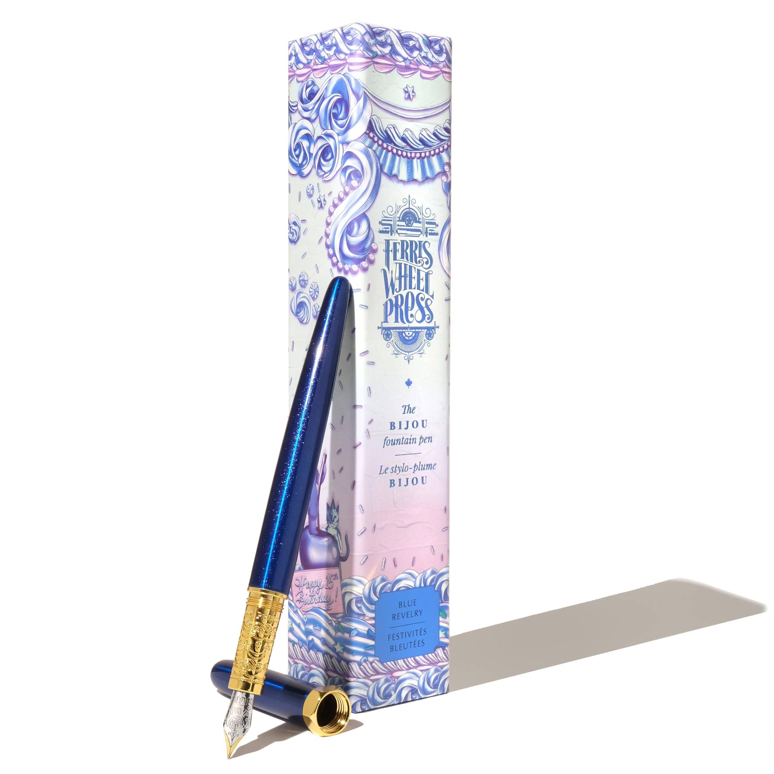 Ferris Wheel Bijou Fountain Blue Double Gold Sapphire Lacquer Steel Medium Nib Press, Pen, Revelry, Plated, Finish, Two-Tone Nib,