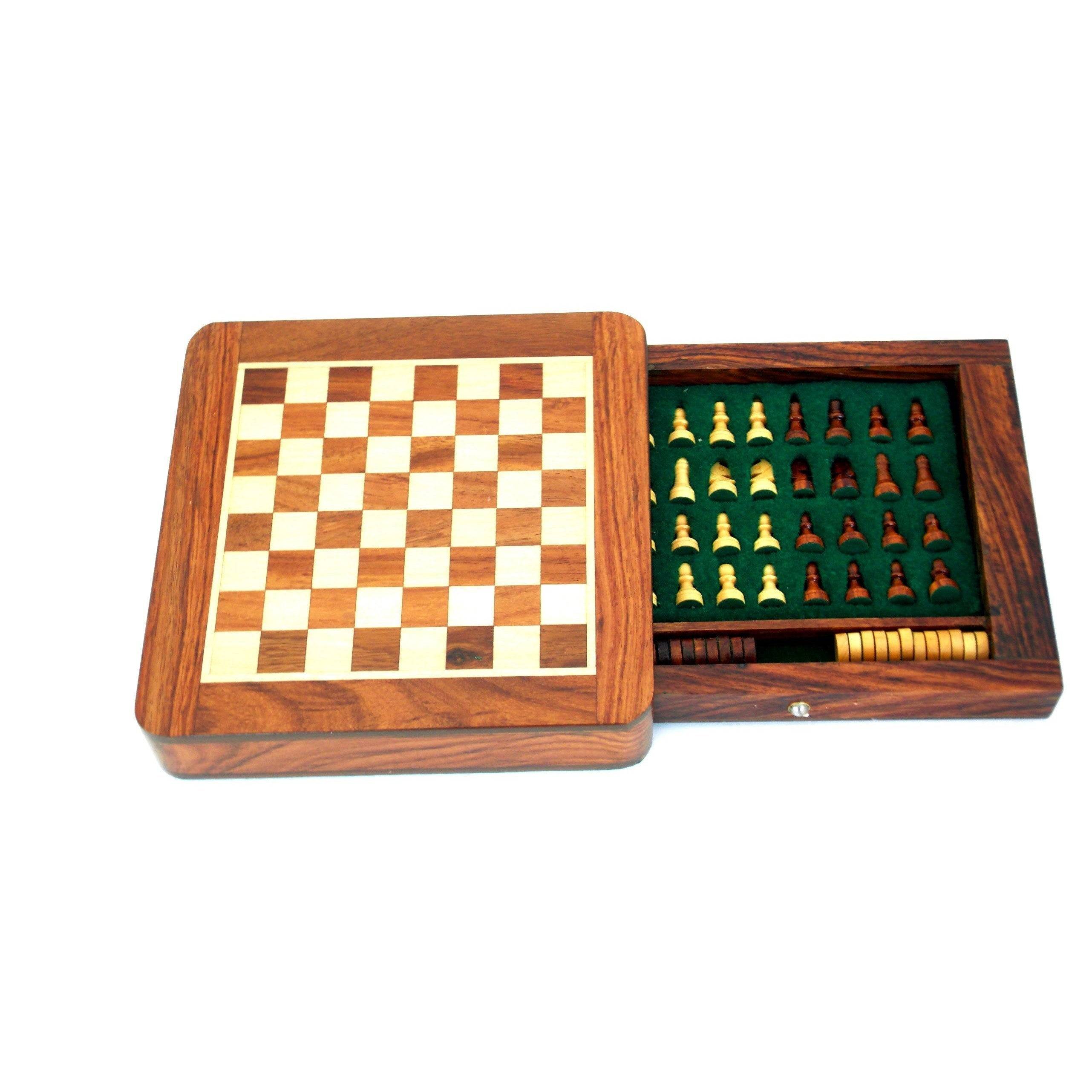 Magnetiskt trä schackspel med låda, Reseschack, 2 spel i ett (19x19x3,8, kungen 3,3 cm)