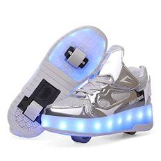 Skor med hjul tvåhjuliga sneakers för pojkar och flickor led lampor hjul tofflor kan bambu med hjul USB-laddning automatisk skateboard skor, 623 silver, 34 EU