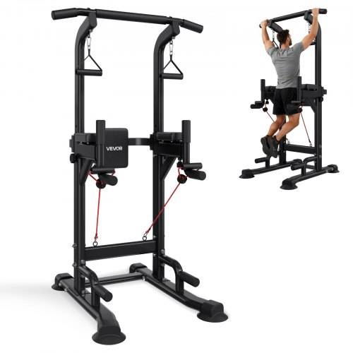 VEVOR Pull Up Bar, 150kg Power Tower Dip Station, Workout Dip Station with H-Shaped Stable Base & Back Pad, Adjustable 12 Level Height Free Standing Chin Up Bar for Back, 4-Level Adjustable Back Pad