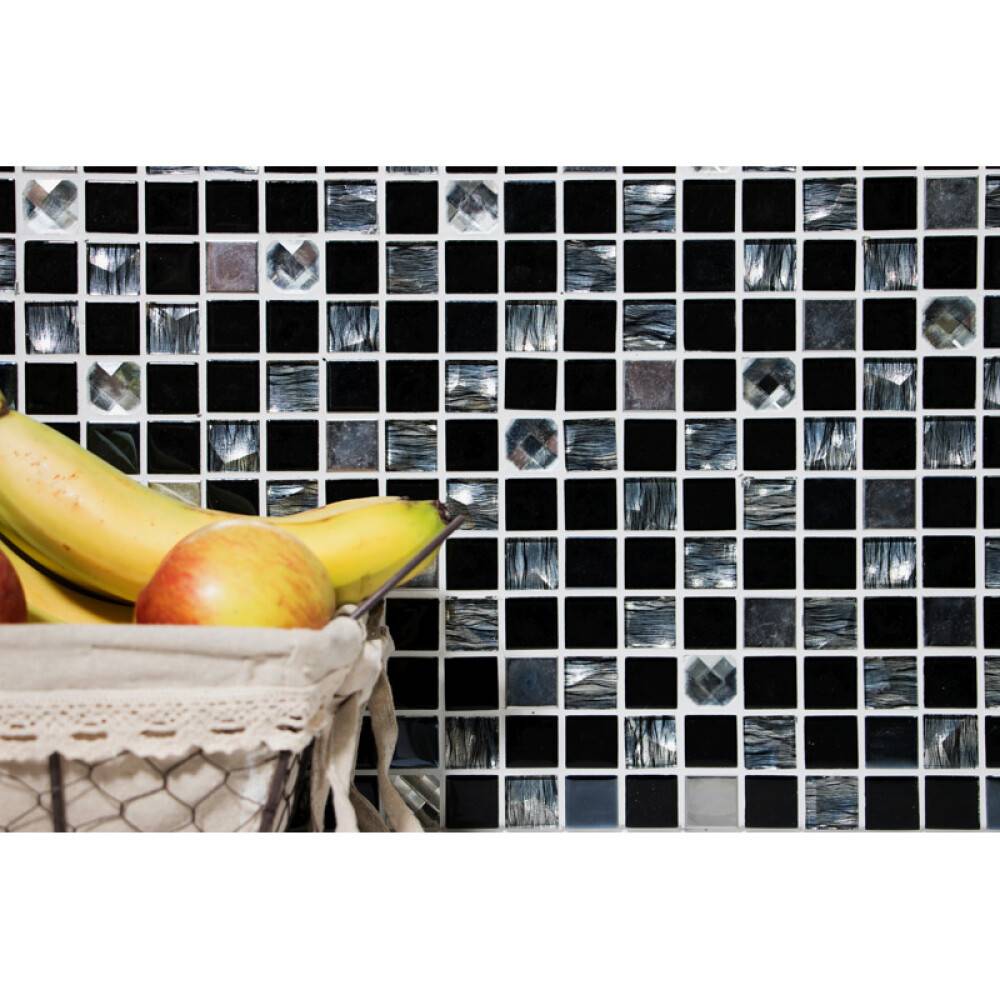 MOSAIK SJÄLVHÄFTANDE GLAS/METALL SVART 30X30CM PRIS PER ARK