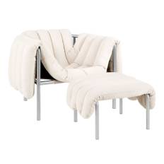 HEM - Puffy Lounge Chair + Ottoman - Natural/Stainless - Lænestole - Faye Toogood - Sølv,Beige - Bomuld/Naturmateriale/Metal/Skum/Plast