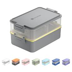 linoroso Lunchbox Erwachsene Brotdose mit 3 Fächern Bento Box mit Soßenbehälter und Geschirr Lunch Box für Mikrowelle und Spülmaschine Kunststoff BPA-frei Als Frühstücksbox Jausenbox Salatbox - Grau
