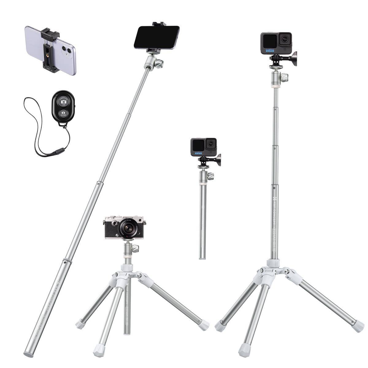 KENTFAITH 67''/170cm Eccentric Tube Cellphone Tripod, Lightweight Super Portable Selfie Stick, DSLR Camera Tripod E224A3+BH-18 Silver