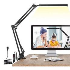 LED-skrivbordslampa för hem, kontor, läsning, justerbar ögonvänlig skrivbordslampa med klämma, svängarmslampa inkluderar 3 färglägen, 10 ljusstyrkeniv (En-Storlek)