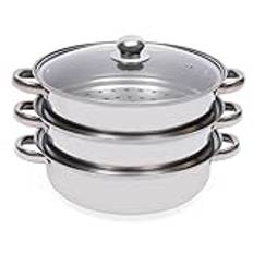 HuKaiL Ångkokare i 3 lager, rostfritt stål, 28 cm, ångkokare, gryta med glaslock, mantykokare, diskmaskin, lämplig för ångkokare, användning för gas-, el- och halogenspisar