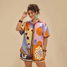 Plus Size Women 2pcs Set - Tropical Bohemian Fruit & Plant Print Asymmetric Short Sleeve Shirt Top + Beach Shorts, Casual Vacation,2 Piece Summer Outf - Orange - 0XL,1XL,2XL,3XL,4XL