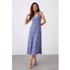 Petite Floral Button Front Tie Shoulder Jersey Midi Dress, Purple - 14