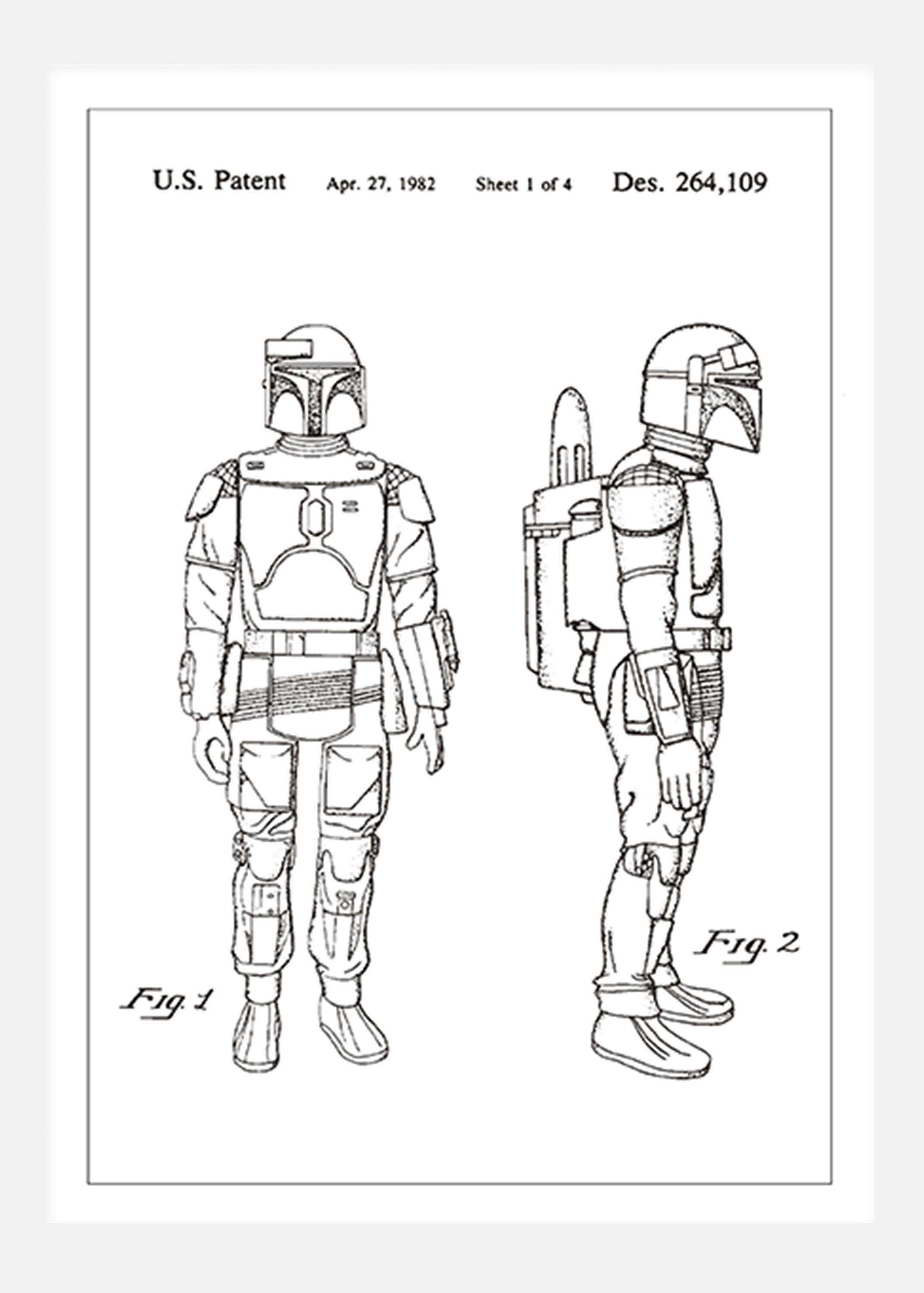 Patentritning - Star Wars - Boba Fett - Vit Canvastavla (30x40 cm)