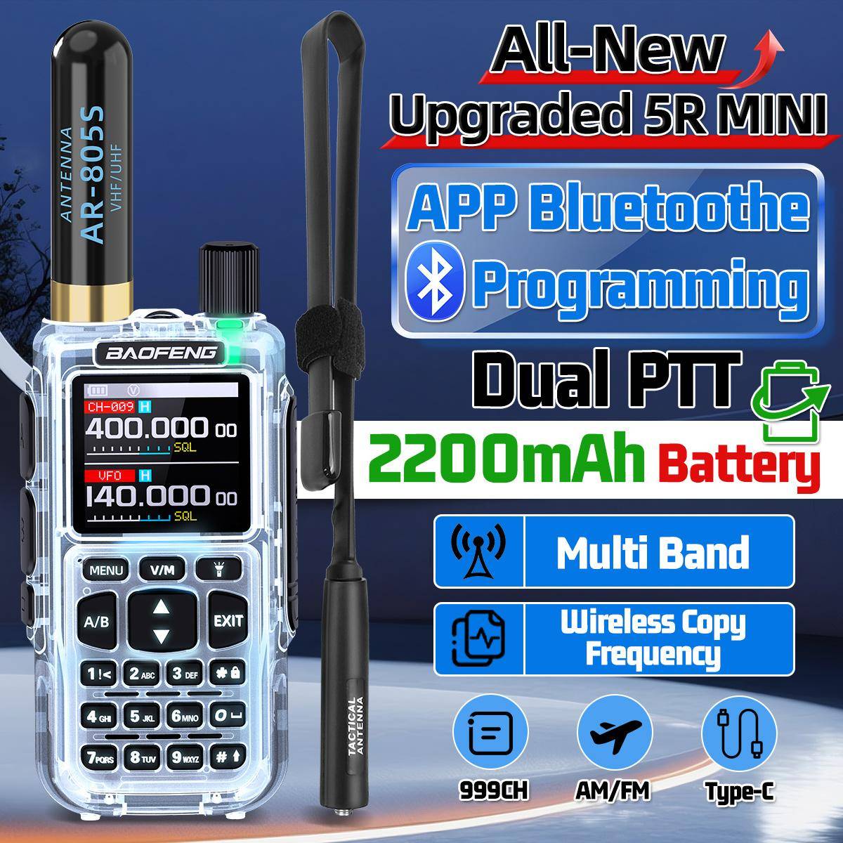 Baofeng MINI 5 Walkie-talkie Uppgradering UV-5R Mini Amatörradio Flerbands Bluetooth Programmering Dubbel PTT För Camping Bärbar