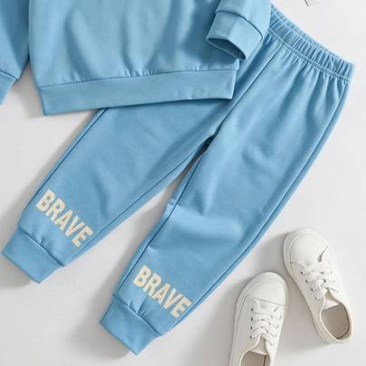 1 set ny casual snygg outfit för pojkar för vår/höst med långärmad sweatshirt med rund hals och långbyxor, dimblå minimalistisk topp med BRAVE-bokstav - Multifärgad (6Y,7Y,4Y,5Y)