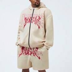 2pcs Men's Plus Size Letter Printed Knitted Solid Color Long Sleeve Loose Drop Shoulder Hooded Jacket And Short Casual Shorts Sports Outfit For Daily Wear