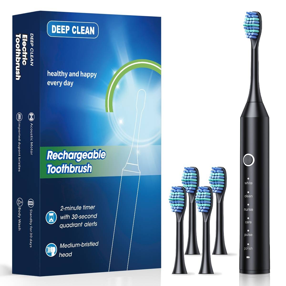 TEMU Adult Electric Toothbrush For Oral Cleaning, Soft Bristles, Type-c Charging Cable, Suitable For Men And Women, In Black, White, And Pink, With 6 , Ip67 Rating, And Options For 4/8/10 Brush Heads