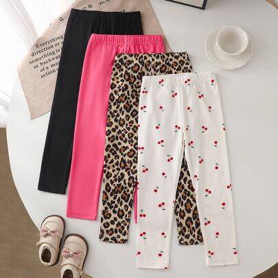 Random 2-delars set med casual tightsbyxor för ung flicka, leopard- och körsbärsmönster, elastisk midja, höststil för höst och vinter - Multifärgad (6Y,7Y,4Y,5Y)