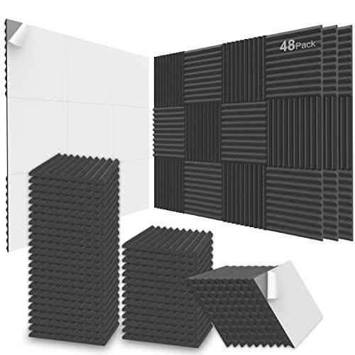 JBER Akustikschaumstoff Platten, 48 Packungen 12 x 12 x 1 Zoll / 2,5 x 30 x 30 cm, schalldichte Wandpaneele, selbstklebend, für Zuhause, Büro und Studio (schwarz)