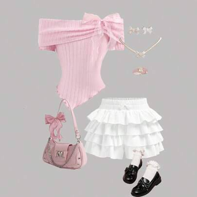 Tween-flicka rosa sommar set i country- och Y2K-stil för konsert, ribbad off-shoulder blus med rynkning, rosett och asymmetrisk fåll, samt cake skirt (8Y,9Y,10Y,11Y,12Y,13Y)