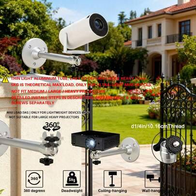 360° roterbart vägg- och takfäste i aluminium för projektor, justerbart fäste för miniprojektor och övervakningskamera, max 5 kg belastning, Obs: enda - Silver