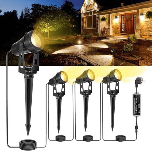 HUAEU LED Gartenbeleuchtung mit Strom,14M 4-in-1 Bodenstrahler, 3000K Warmweiß, 12V IP65, Gartenstrahler LED Außen Wasserdicht, mit Stecker für Draußen,Terrasse, Gartenweg,Bäume, Rasen, Erdspieß