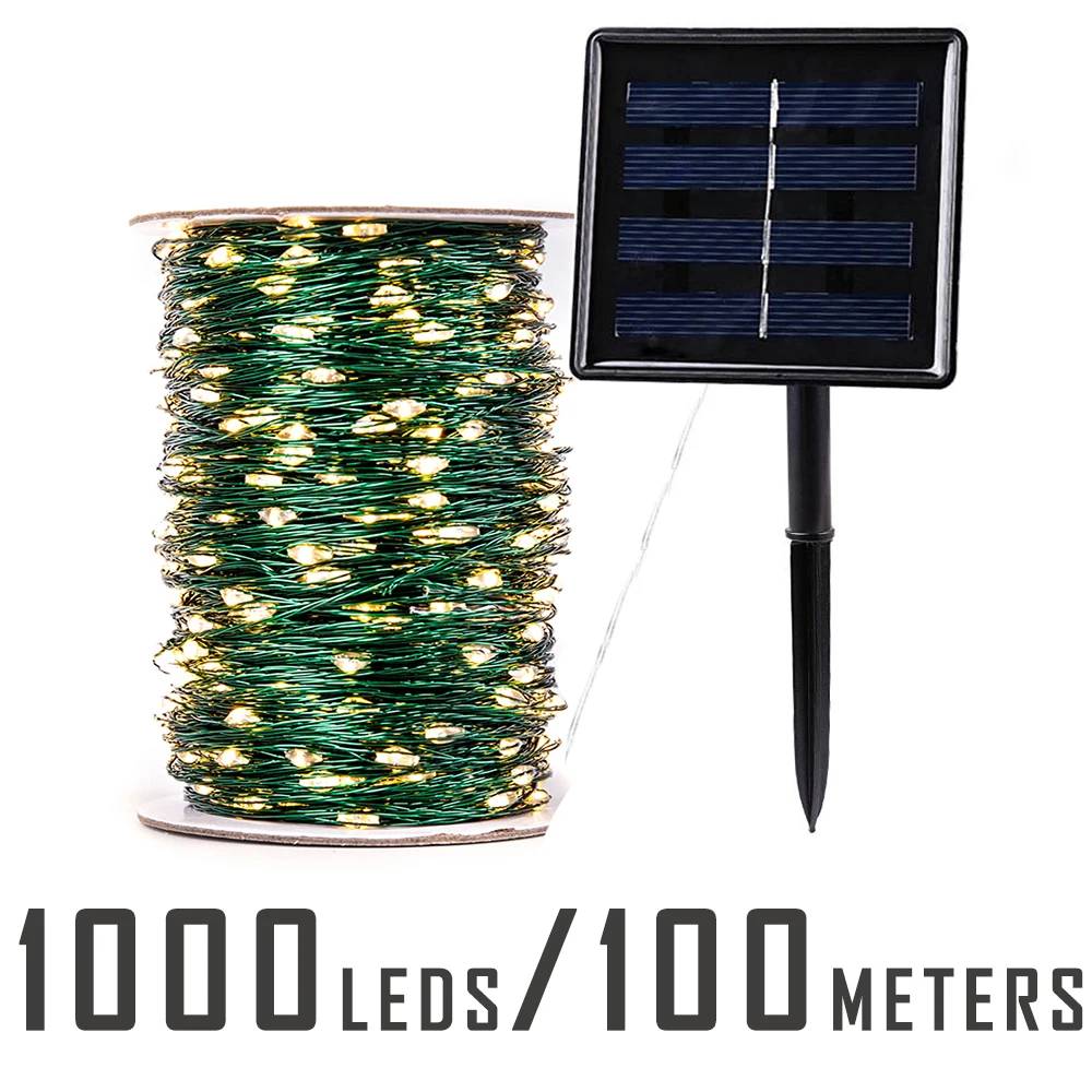 100m 1000 led solenergi led slingljus utomhus fairy lights vattentät julgirland bröllop 10m 20m 30m 50m - Vit / 30m 300 lysdioder