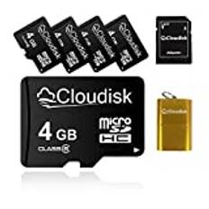 Cloudisk 5-pack 4 GB micro-SD-kort 4 GB micro-SD-minneskort klass 6 med kortläsare och SD-adapter, bulkförsäljning