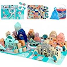jacootoys 133 stycken stad pedagogiska byggklossar i trä leksaker i förvaringsbox med formsorteringsspel för 3-6 år, barn, pojkar, flickor